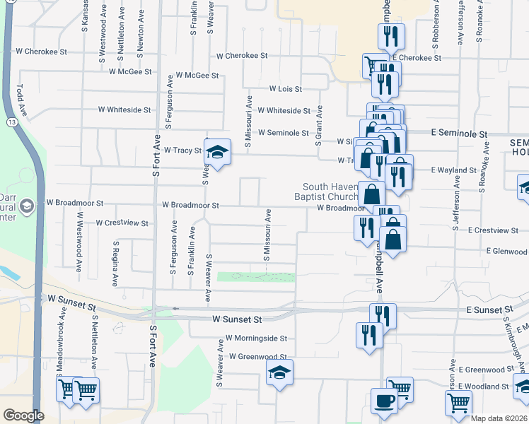 map of restaurants, bars, coffee shops, grocery stores, and more near 2361 South Missouri Avenue in Springfield
