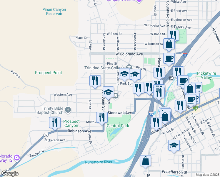 map of restaurants, bars, coffee shops, grocery stores, and more near 714 Park Street in Trinidad
