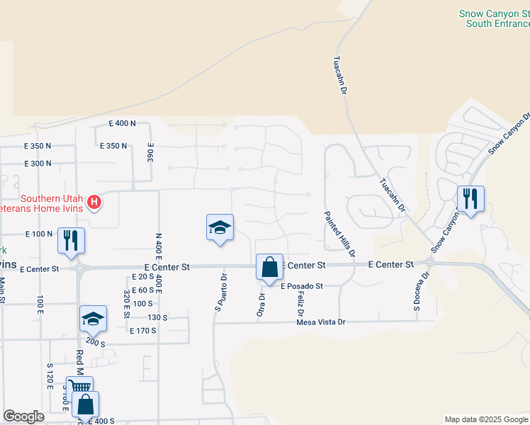 map of restaurants, bars, coffee shops, grocery stores, and more near 692 East South Wall Circle in Ivins