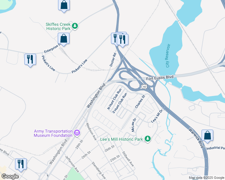 map of restaurants, bars, coffee shops, grocery stores, and more near 212 Old Bridge Court in Newport News