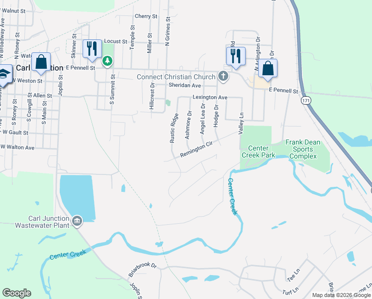 map of restaurants, bars, coffee shops, grocery stores, and more near 509 Ashmore Street in Carl Junction