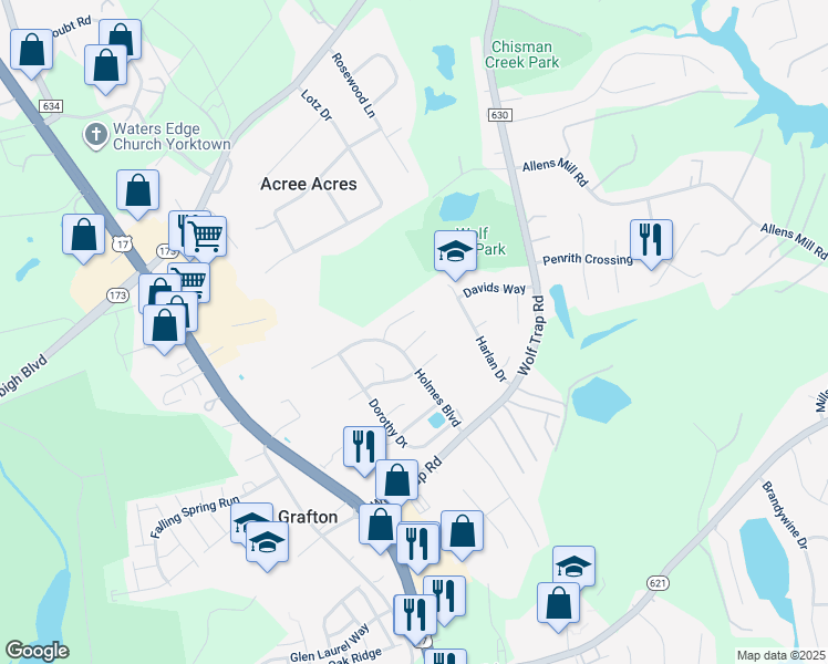 map of restaurants, bars, coffee shops, grocery stores, and more near 109 Nathan Place in Yorktown