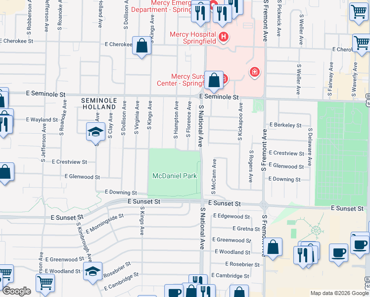 map of restaurants, bars, coffee shops, grocery stores, and more near 2350 S Hampton Ave in Springfield