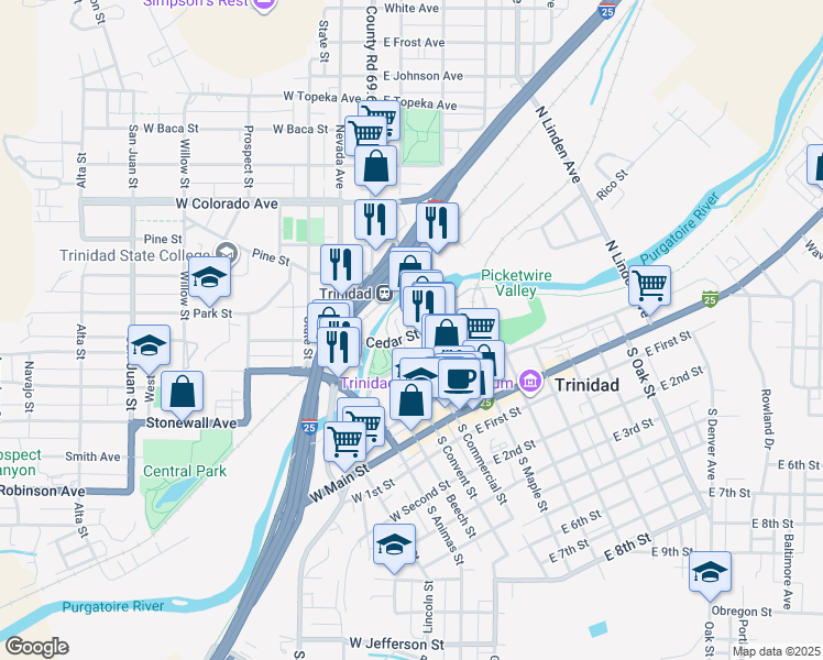 map of restaurants, bars, coffee shops, grocery stores, and more near 499 West Market Street in Trinidad