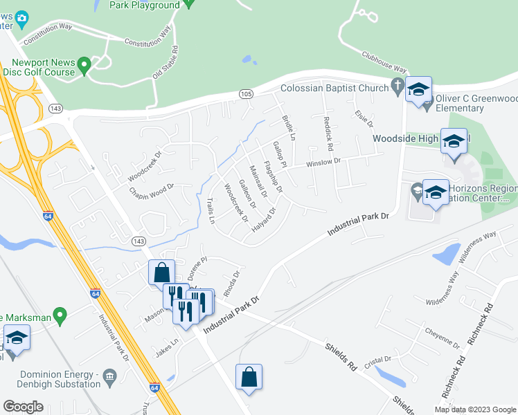 map of restaurants, bars, coffee shops, grocery stores, and more near 700 Galleon Drive in Newport News