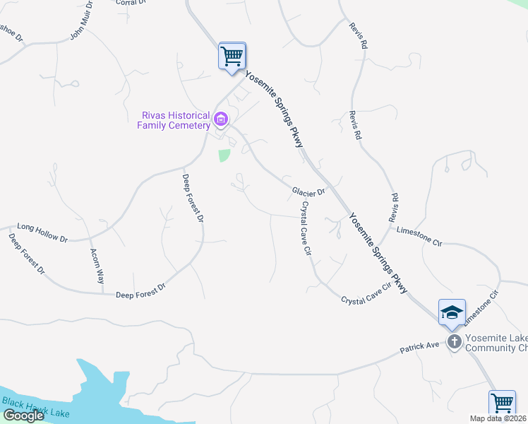 map of restaurants, bars, coffee shops, grocery stores, and more near Crystal Springs Way in Yosemite Lakes