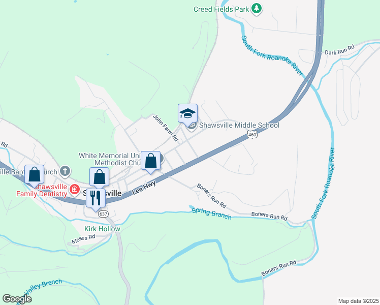 map of restaurants, bars, coffee shops, grocery stores, and more near 4149 Oldtown Road in Shawsville