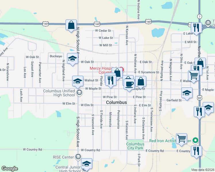 map of restaurants, bars, coffee shops, grocery stores, and more near 100-198 N Minnesota Ave in Columbus