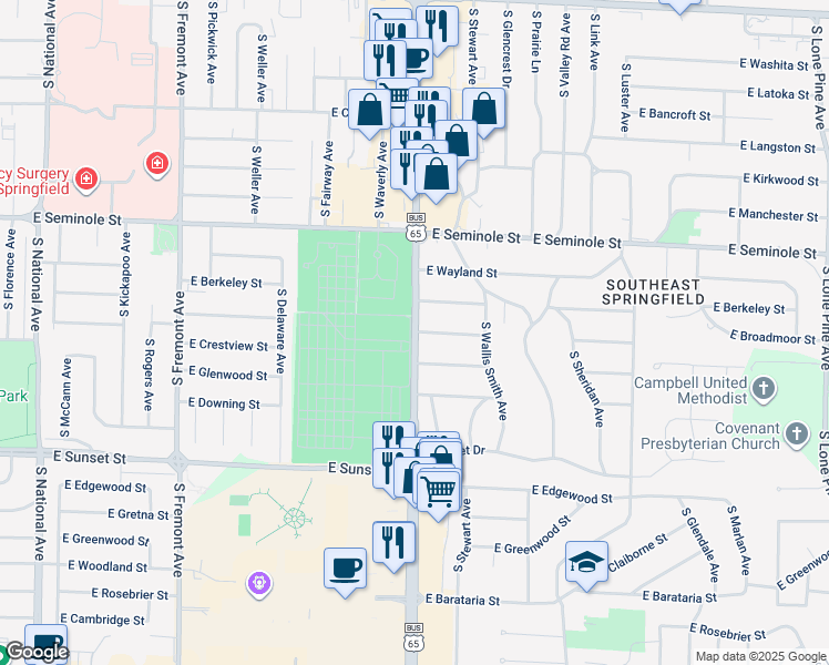 map of restaurants, bars, coffee shops, grocery stores, and more near South Glenstone Avenue in Springfield