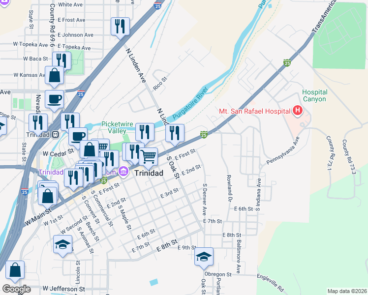 map of restaurants, bars, coffee shops, grocery stores, and more near East Main Street in Trinidad