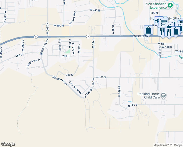 map of restaurants, bars, coffee shops, grocery stores, and more near 380 South 1760 West in Hurricane