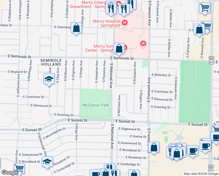 map of restaurants, bars, coffee shops, grocery stores, and more near 2369 South National Avenue in Springfield