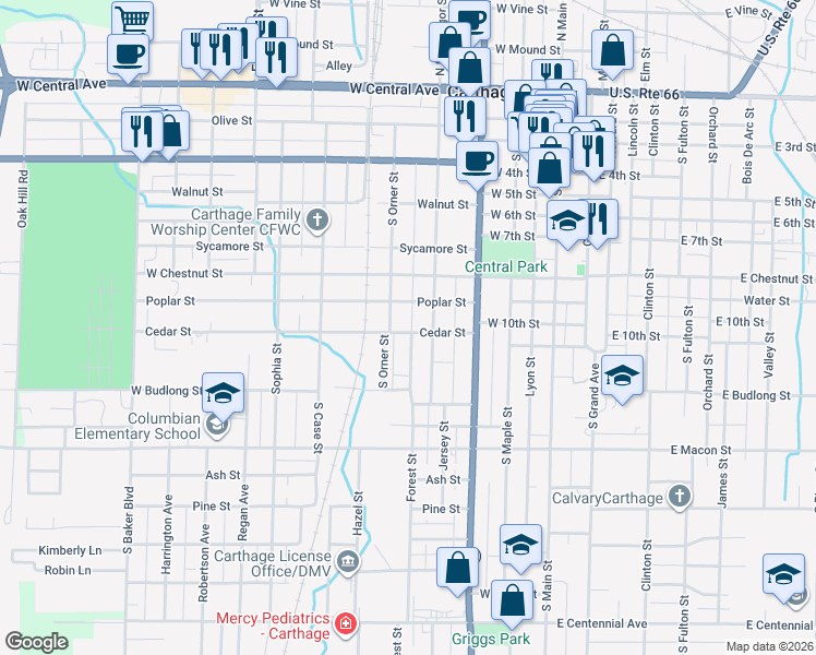 map of restaurants, bars, coffee shops, grocery stores, and more near 601 Cedar Street in Carthage
