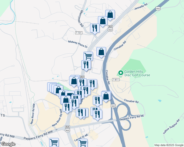map of restaurants, bars, coffee shops, grocery stores, and more near 75 Red Oak Drive Northeast in Christiansburg