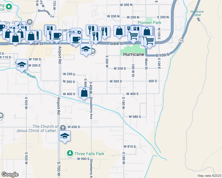 map of restaurants, bars, coffee shops, grocery stores, and more near 361 South 300 West in Hurricane