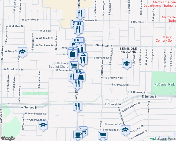 map of restaurants, bars, coffee shops, grocery stores, and more near 220 West Broadmoor Street in Springfield