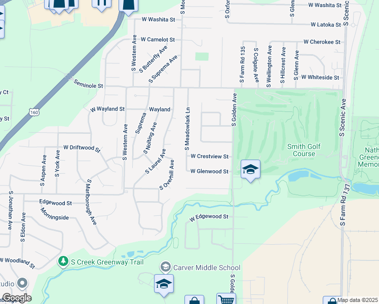 map of restaurants, bars, coffee shops, grocery stores, and more near 3241 West Crestview Street in Springfield