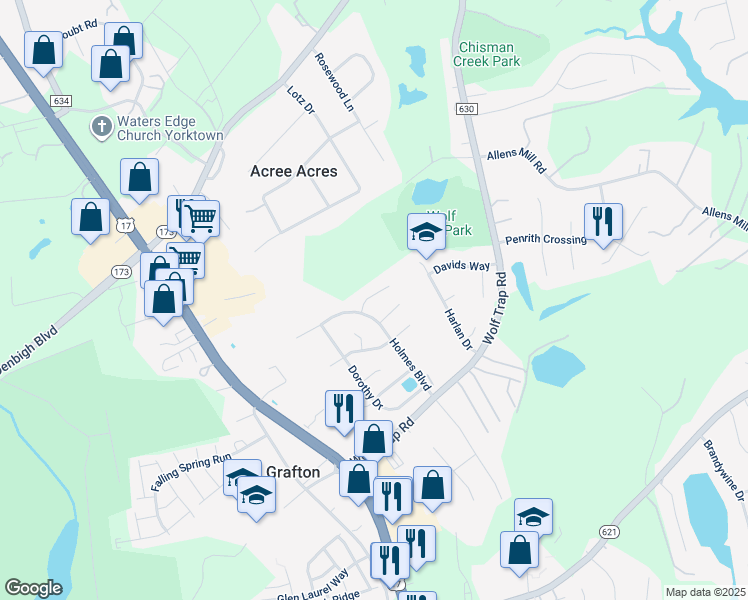 map of restaurants, bars, coffee shops, grocery stores, and more near 110 Kristin Court in Yorktown