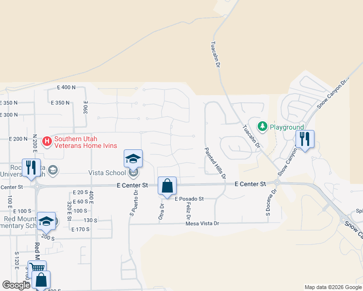 map of restaurants, bars, coffee shops, grocery stores, and more near 765 Red Wash Circle in Ivins