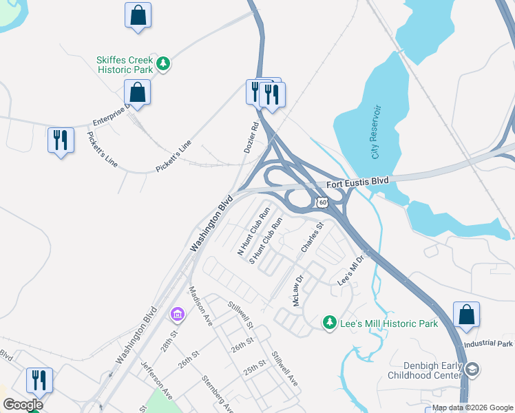 map of restaurants, bars, coffee shops, grocery stores, and more near 217 Old Bridge Court in Newport News