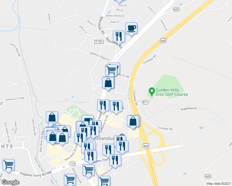 map of restaurants, bars, coffee shops, grocery stores, and more near 75 Red Oak Drive Northeast in Christiansburg