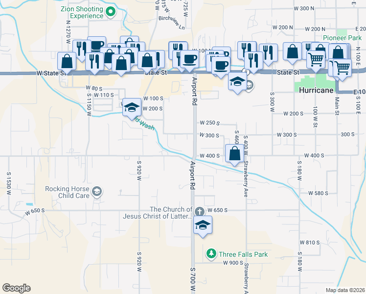 map of restaurants, bars, coffee shops, grocery stores, and more near 375 South 800 West in Hurricane