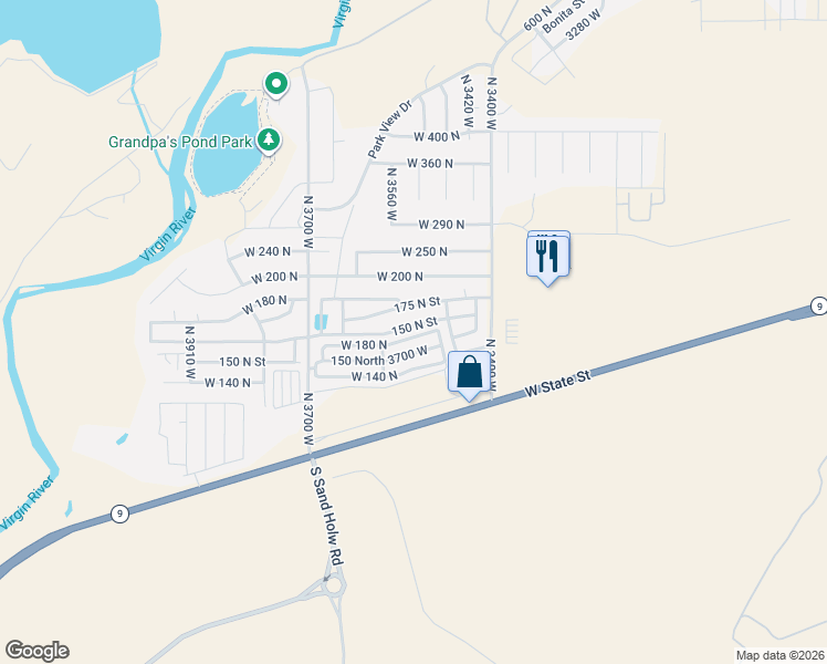 map of restaurants, bars, coffee shops, grocery stores, and more near 3504 150 North Street in Hurricane