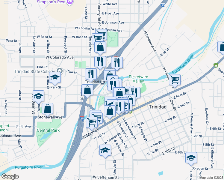 map of restaurants, bars, coffee shops, grocery stores, and more near 416 North Commercial Street in Trinidad