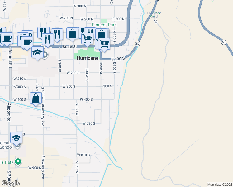 map of restaurants, bars, coffee shops, grocery stores, and more near 361 South 100 East in Hurricane