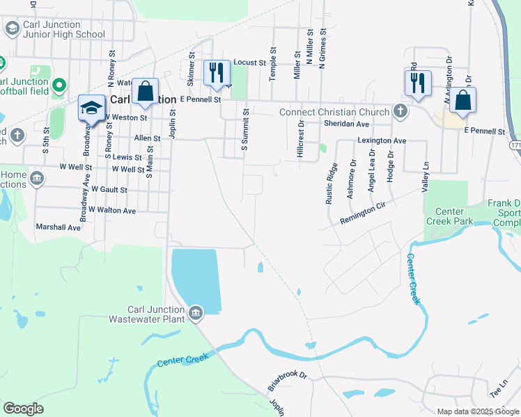 map of restaurants, bars, coffee shops, grocery stores, and more near 605 Valley View in Carl Junction