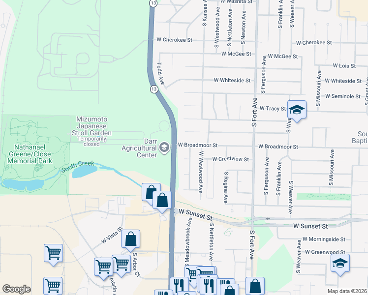map of restaurants, bars, coffee shops, grocery stores, and more near 1642 West Broadmoor Street in Springfield