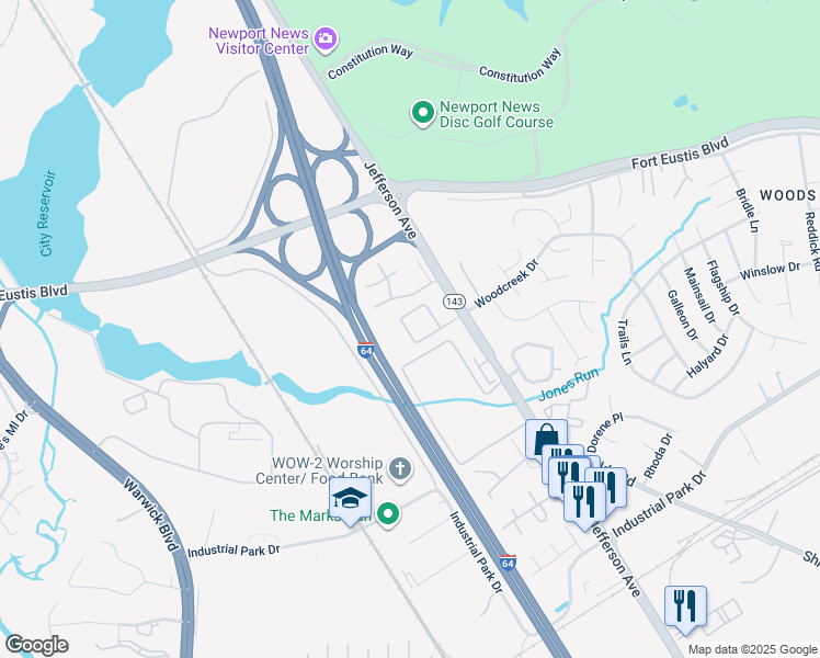 map of restaurants, bars, coffee shops, grocery stores, and more near 13385 Jefferson Avenue in Newport News