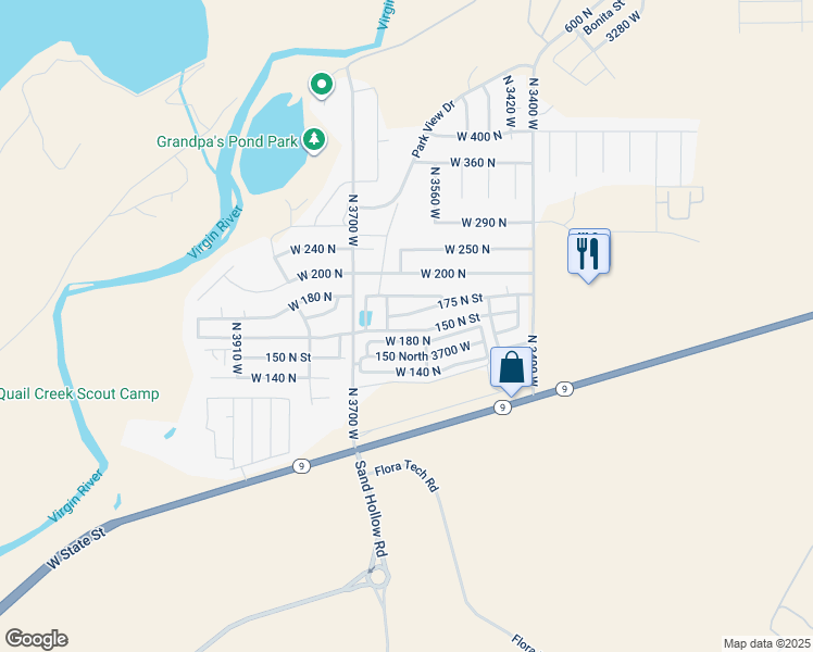 map of restaurants, bars, coffee shops, grocery stores, and more near 3592 150 North Street in Hurricane