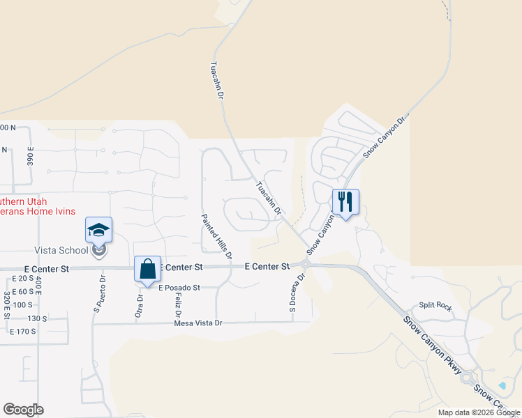 map of restaurants, bars, coffee shops, grocery stores, and more near 140 Tuacahn Drive in Ivins