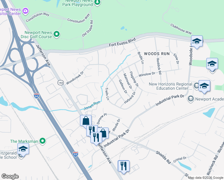 map of restaurants, bars, coffee shops, grocery stores, and more near 706 Lateen Court in Newport News