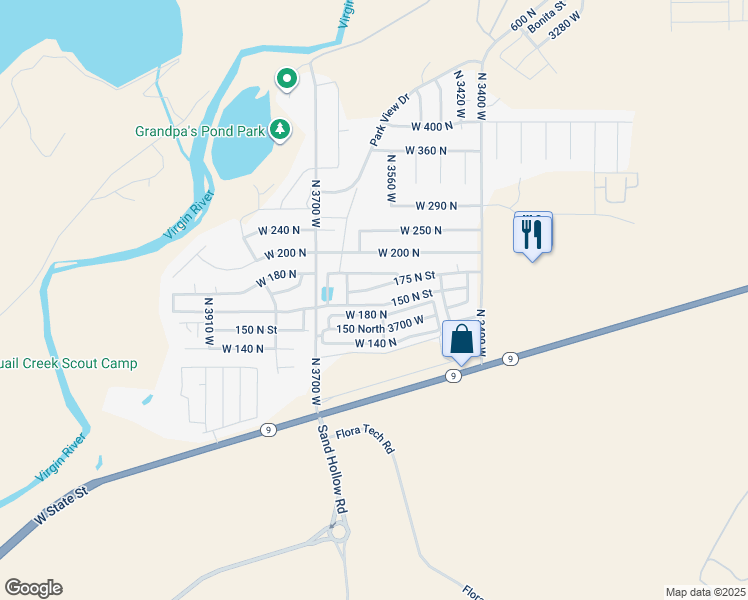map of restaurants, bars, coffee shops, grocery stores, and more near 3572 150 North Street in Hurricane