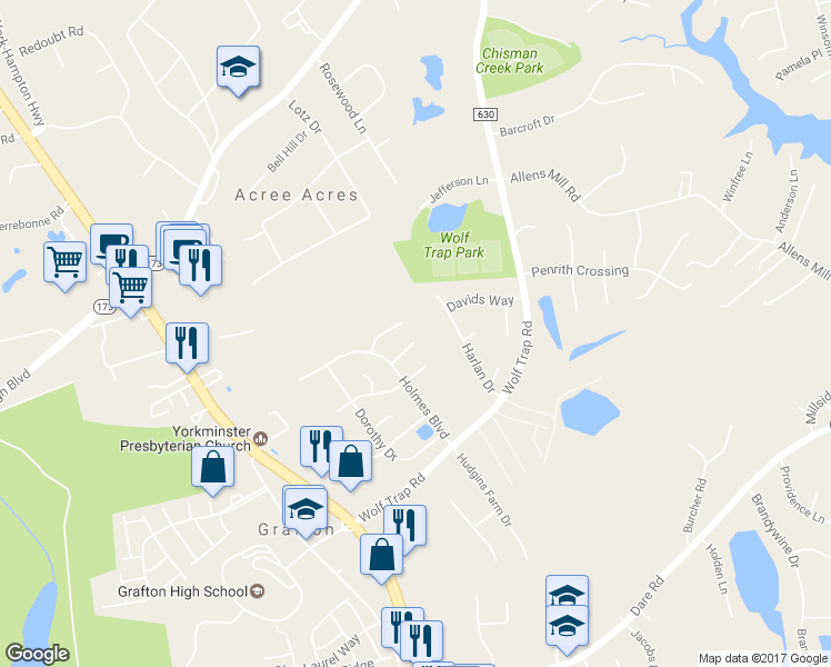 map of restaurants, bars, coffee shops, grocery stores, and more near 115 Nathan Place in Yorktown