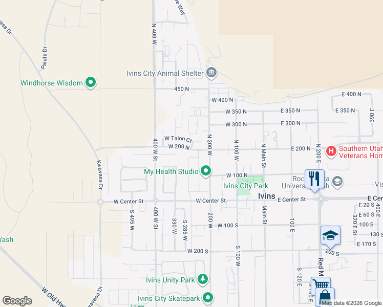 map of restaurants, bars, coffee shops, grocery stores, and more near 254 North Altura Way in Ivins