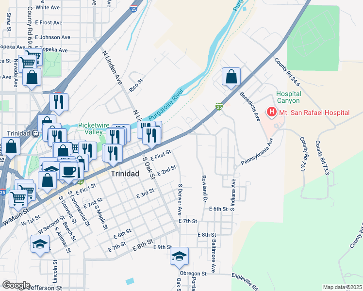 map of restaurants, bars, coffee shops, grocery stores, and more near 1009 East 1st Street in Trinidad