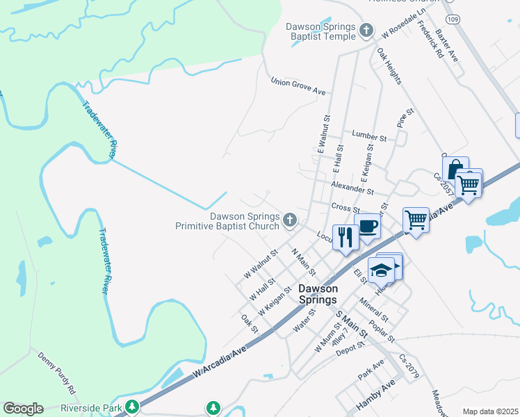 map of restaurants, bars, coffee shops, grocery stores, and more near 132 Clarkdale Court in Dawson Springs