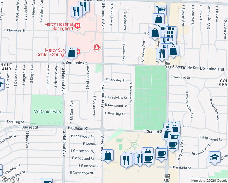 map of restaurants, bars, coffee shops, grocery stores, and more near 1446 East Broadmoor Street in Springfield