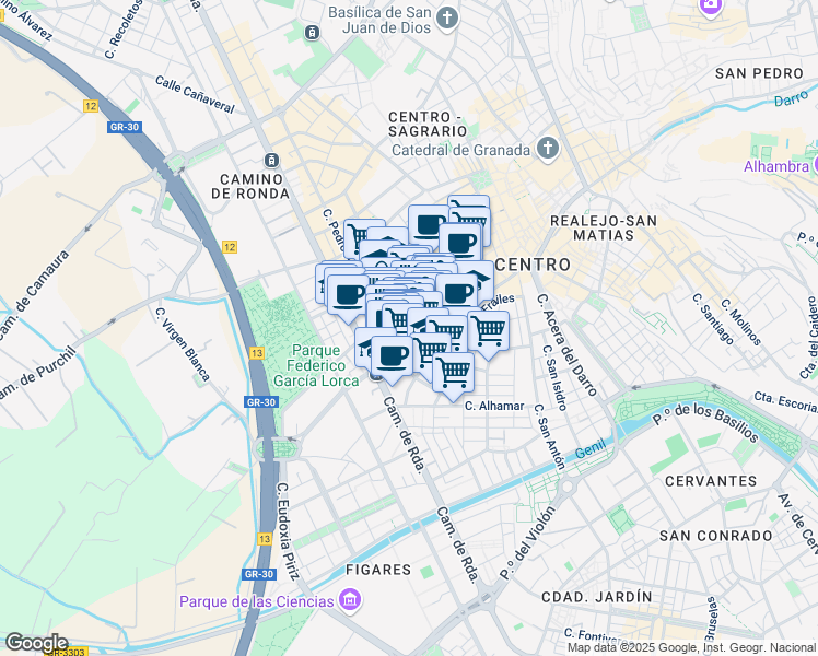 map of restaurants, bars, coffee shops, grocery stores, and more near 4 Calle Cristo de Medinaceli in Granada