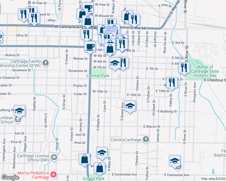 map of restaurants, bars, coffee shops, grocery stores, and more near 914 South Main Street in Carthage