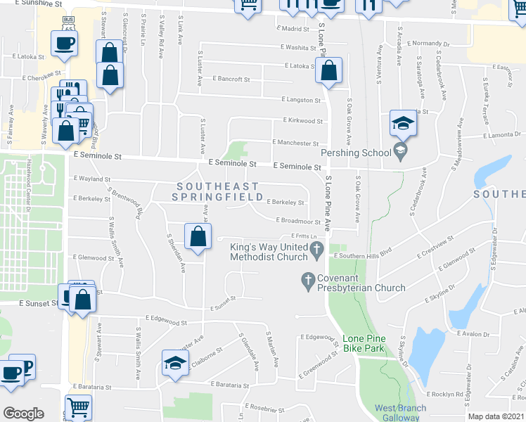 map of restaurants, bars, coffee shops, grocery stores, and more near 2327 East Broadmoor Street in Springfield