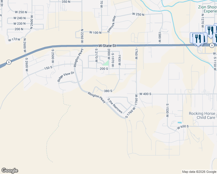 map of restaurants, bars, coffee shops, grocery stores, and more near 2054 West 320 North in Hurricane