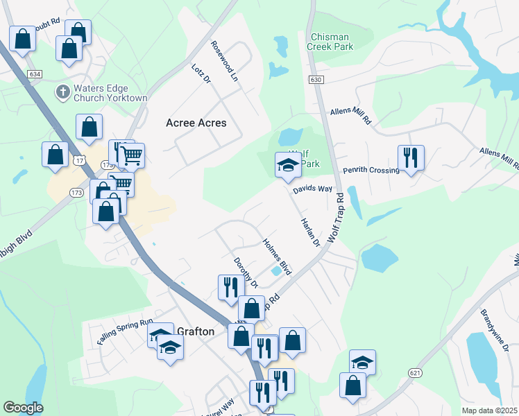 map of restaurants, bars, coffee shops, grocery stores, and more near 118 Kristin Court in Yorktown