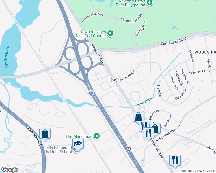 map of restaurants, bars, coffee shops, grocery stores, and more near 600 Kate's Trace Circle in Newport News