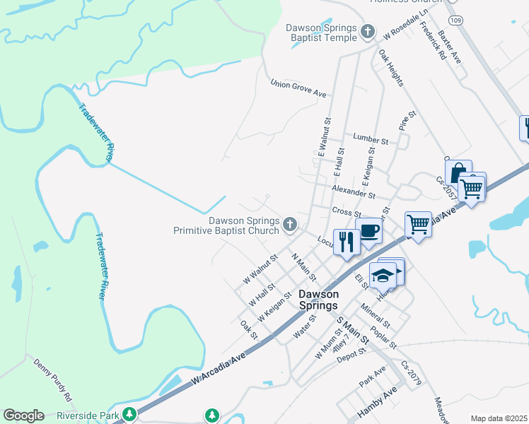 map of restaurants, bars, coffee shops, grocery stores, and more near 132 Clarkdale Court in Dawson Springs