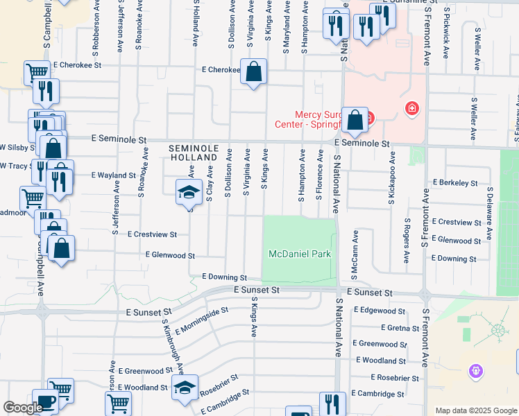 map of restaurants, bars, coffee shops, grocery stores, and more near 2349 South Kings Avenue in Springfield