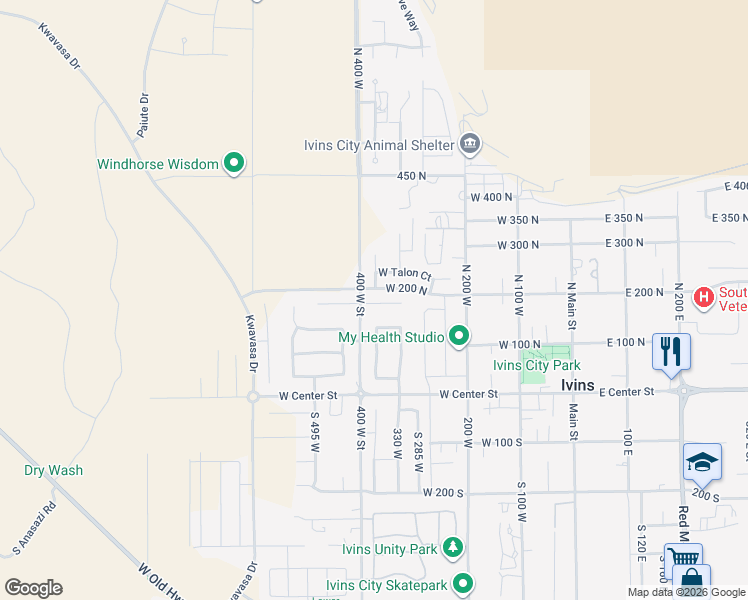map of restaurants, bars, coffee shops, grocery stores, and more near 378 Redstone Court in Ivins